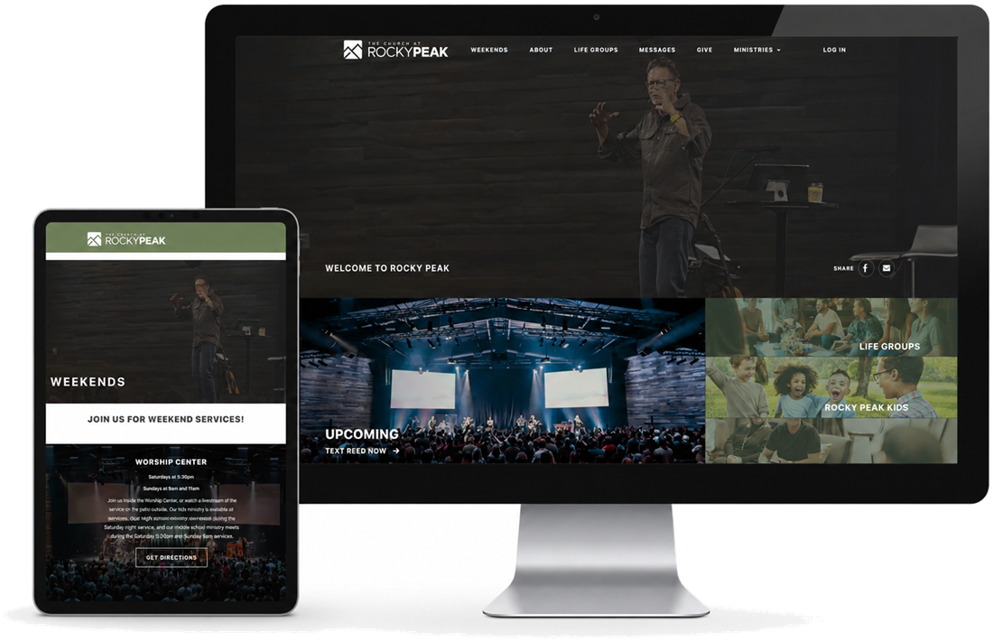 Church website shown on a desktop monitor and tablet